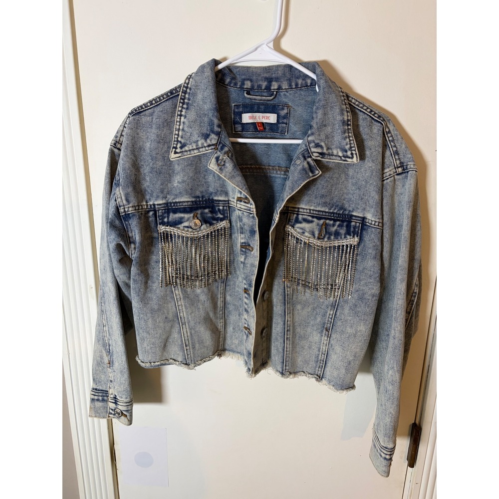 Mele E Pere Rhinestone Fringe Denim Jacket Acid Wash Cropped Western Blue Small